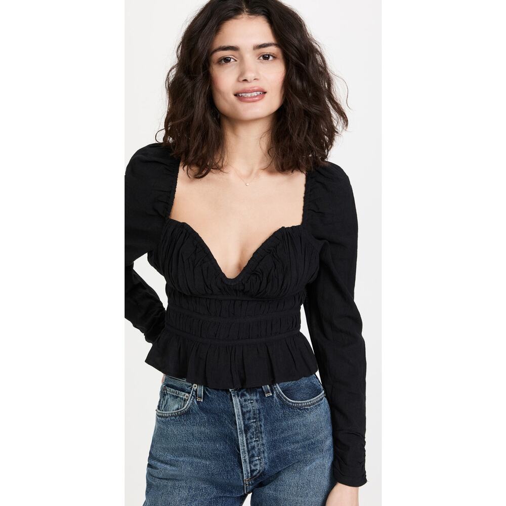Black Free People Chloe Peplum Puff Sleeve Top XS
